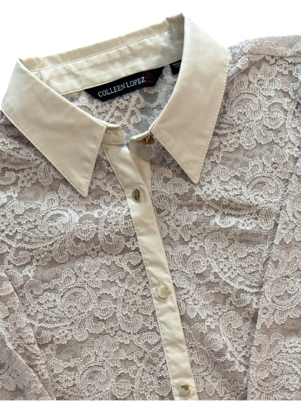 Beige Sheer Floral Lace Button Up Blouse Top Size Small Boho Colleen Lopez